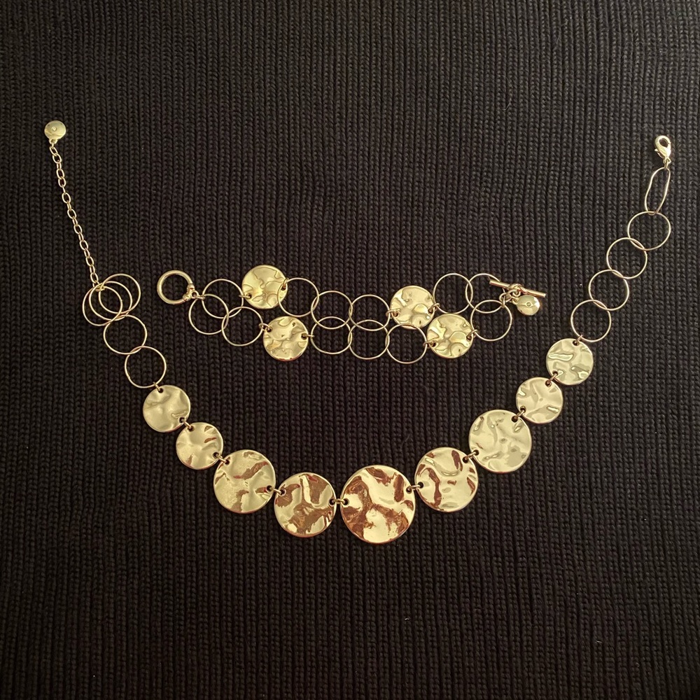 Necklace bracelet set gold color hammered look